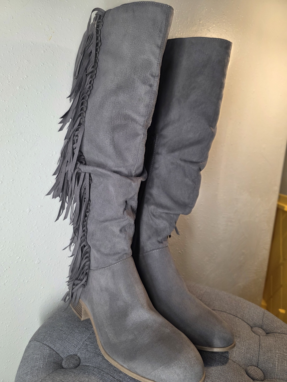 JustFab Elliot Women's Western Festival Winter Gray Fringe Knee-High Boots